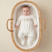 Load image into Gallery viewer, White teddy romper oval wicker Moses basket