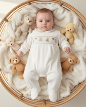 Load image into Gallery viewer, White teddy romper round rattan basket