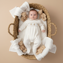 Load image into Gallery viewer, White teddy romper seagrass basket