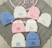 Load image into Gallery viewer, Baby Knitted Hat Hello World Just Arrived Beanie Hat Size Newborn