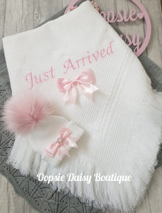 Newborn Baby Pom Pom Hat & Shawl Blanket with Just Arrived