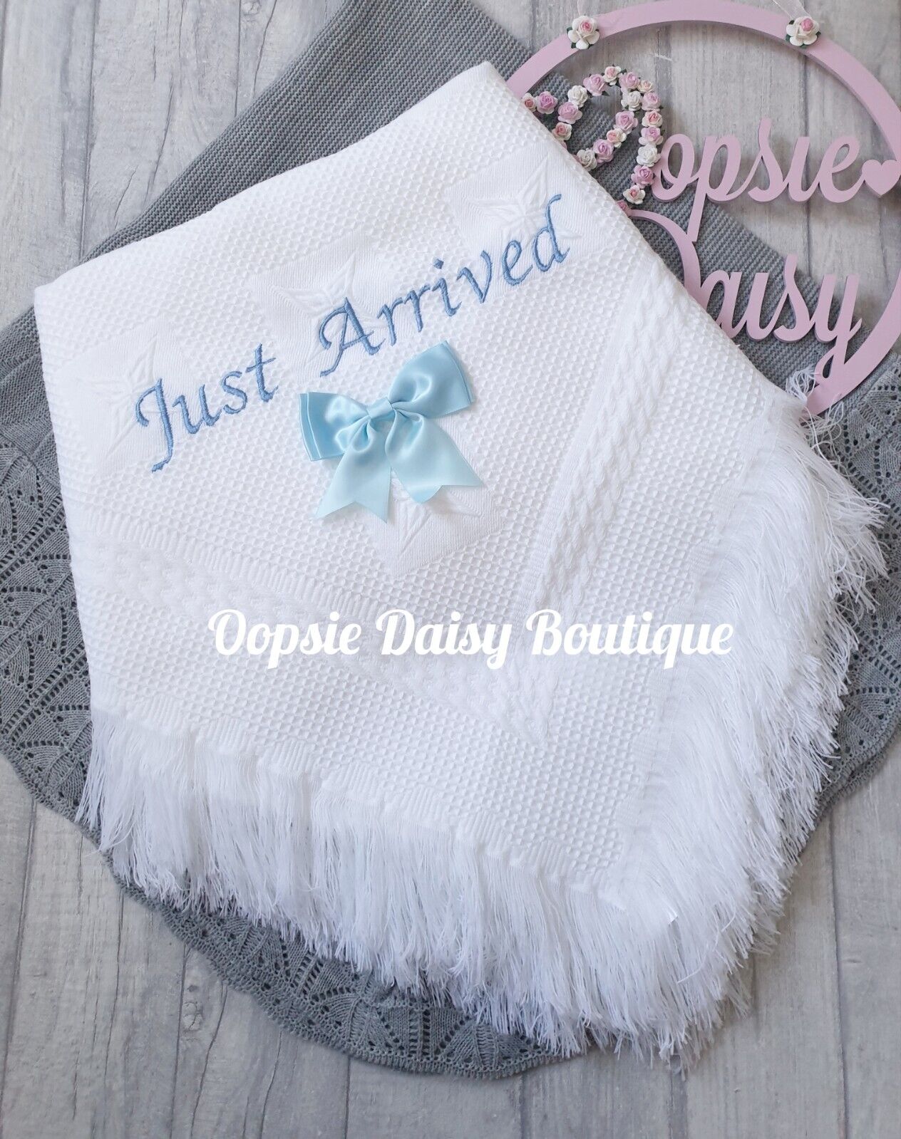 Baby Shawl Blanket with Just Arrived Grey/Blue/Pink Writing