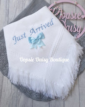 Load image into Gallery viewer, Baby Shawl Blanket with Just Arrived Grey/Blue/Pink Writing &amp; Ribbon