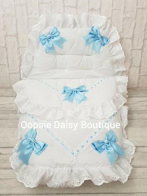 White & Blue Luxury Large Ribbon Foot Muff Cosytoes Pram Nest - Oopsie Daisy Baby Boutique
