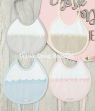 Load image into Gallery viewer, Personalised Spanish Round Bib With Teddy/Toys Towelling Back