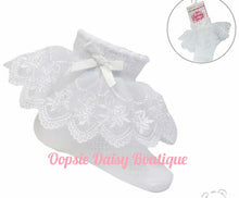 Load image into Gallery viewer, Baby Girls White Frilly Ankle Socks Ribbon &amp; Lace