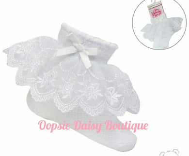 Baby Girls White Frilly Ankle Socks Ribbon & Lace