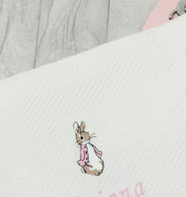 Load image into Gallery viewer, Personalised Christening Day Shawl Peter Rabbit Flopsy Bunny Ribbon Blanket