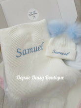 Load image into Gallery viewer, Personalised Baby Shawl &amp; Pom Pom Hat Set , Hat Size 0-12mth Blue or Pink