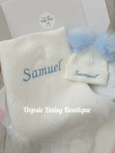 Load image into Gallery viewer, Personalised Baby Shawl &amp; Pom Pom Hat Set , Hat Size 0-12mth
