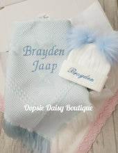 Load image into Gallery viewer, Personalised Baby Shawl &amp; Pom Pom Hat, Size 0-12mth