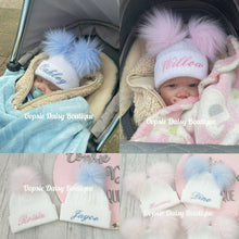 Load image into Gallery viewer, Personalised Hats Girls Boys Lovely Knitted Pom Pom Hats Sizes upto 6yrs