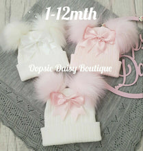 Load image into Gallery viewer, Pom Pom Hat &amp; Scarf Sets with Ribbon Sizes upto 6yrs
