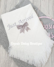 Load image into Gallery viewer, Baby Shawl Blanket with Just Arrived Grey/Blue/Pink Writing &amp; Ribbon