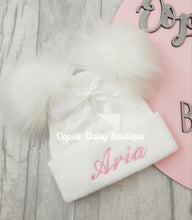 Load image into Gallery viewer, Personalised Hats Baby Girls Knitted Pom Pom Hats 0-6yrs