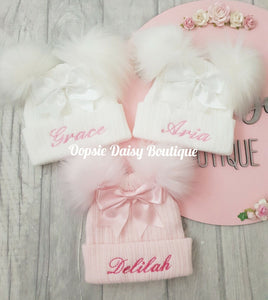 Personalised Hats Baby Girls Knitted Pom Pom Hats 0-6yrs