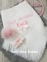 Load image into Gallery viewer, Newborn Baby Pom Pom Hat &amp; Shawl Blanket with Just Arrived