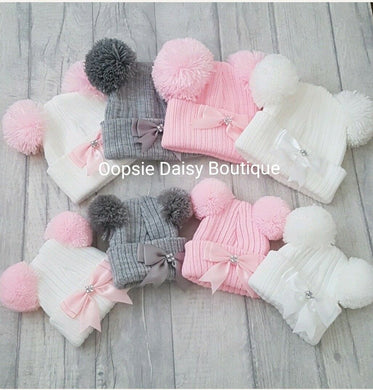 Knitted Double Pom Pom Ribbon Hats (NB-12M) - Oopsie Daisy Baby Boutique