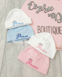 Prince & Princess Embroidered Cotton Hats - Size Newborn
