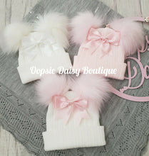 Load image into Gallery viewer, Baby Girls Lovely Knitted Pom Pom Hats with Ribbon Sizes 0-6yrs