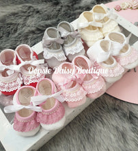 Load image into Gallery viewer, Baby Spanish Booties Ribbon &amp; Lace Size 0-6mth