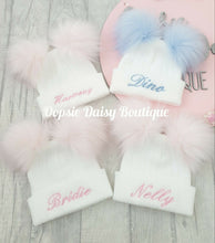 Load image into Gallery viewer, Personalised Hats Girls Boys Lovely Knitted Pom Pom Hats Sizes upto 6yrs