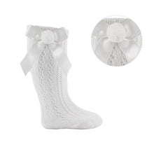 Load image into Gallery viewer, Girls Boys White Pelerine Knee High Ribbon &amp; Pom Pom Socks