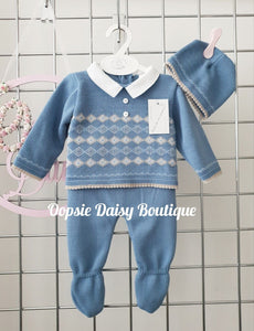 Baby Boy Knitted Outfit Size 0-3mth with Hat