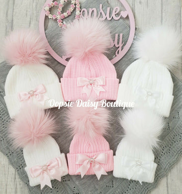 Baby Girls Lovely Knitted Pom Pom Hats with Ribbon