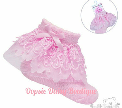 Baby Girls Pink Frilly Ankle Socks Ribbon & Lace