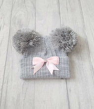 Load image into Gallery viewer, Knitted Double Pom Pom Ribbon Hats (NB-12M) - Oopsie Daisy Baby Boutique