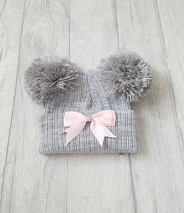 Knitted Double Pom Pom Ribbon Hats (NB-12M) - Oopsie Daisy Baby Boutique