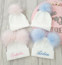 Load image into Gallery viewer, Personalised Hats Girls Boys Lovely Knitted Pom Pom Hats Sizes upto 6yrs