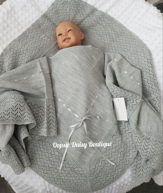 Grey Spanish Knitted Ribbon Blanket Shawl