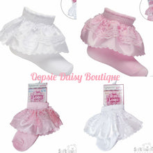Load image into Gallery viewer, Baby Girls Frilly Ankle Socks Ribbon &amp; Satin Lace