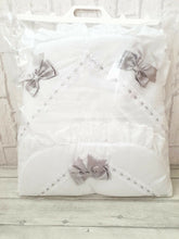 Load image into Gallery viewer, Baby Girls White &amp; Grey Luxury Large Ribbon Foot Muff Cosy Toes Pram Nest