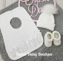 Load image into Gallery viewer, Baby Newborn Bundle, Pom Pom Hat, Ribbon Bib &amp; Knitted Booties