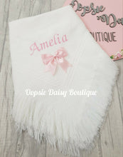 Load image into Gallery viewer, Personalised Baby Shawl Blanket with Ribbon Christening Shawl