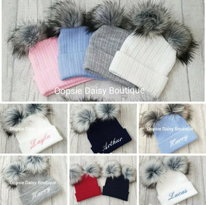 Personalised Hats Girls & Boys Lovely Knitted Pom Pom Hats 0-6 years
