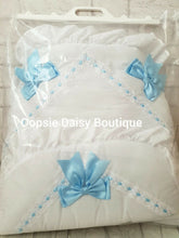 Load image into Gallery viewer, White &amp; Blue Luxury Large Ribbon Foot Muff Cosytoes Pram Nest - Oopsie Daisy Baby Boutique
