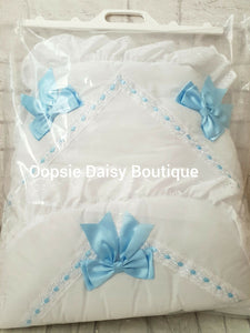 White & Blue Luxury Large Ribbon Foot Muff Cosytoes Pram Nest - Oopsie Daisy Baby Boutique