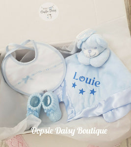Personalised Baby Comforter Set , Bib & Booties Size 0-3mth