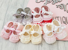 Load image into Gallery viewer, Baby Spanish Booties Ribbon &amp; Lace Size 0-6mth