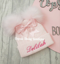 Load image into Gallery viewer, Personalised Hats Baby Girls Knitted Pom Pom Hats 0-6yrs