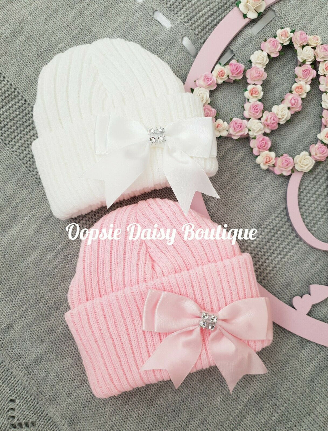 Baby Knitted Beanie Hat with Ribbon & Diamante Size Newborn