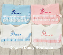 Load image into Gallery viewer, Prince &amp; Princes Ribbon Lace Bibs - Oopsie Daisy Baby Boutique