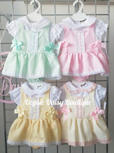 Load image into Gallery viewer, Girls Ribbon Waffle Pinafore Romper &amp; Blouse Set
