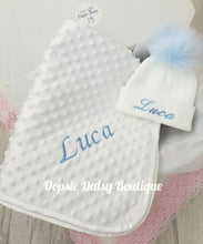 Load image into Gallery viewer, Personalised Baby Blanket &amp; Pom Pom Hat Set , Hat Size 0-12mth Blue or Pink