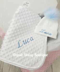 Personalised Baby Blanket & Pom Pom Hat Set , Hat Size 0-12mth Blue or Pink