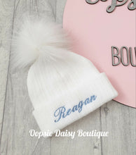 Load image into Gallery viewer, Personalised Hats Girls Boys Lovely Knitted Pom Pom Hats Size upto 6yrs